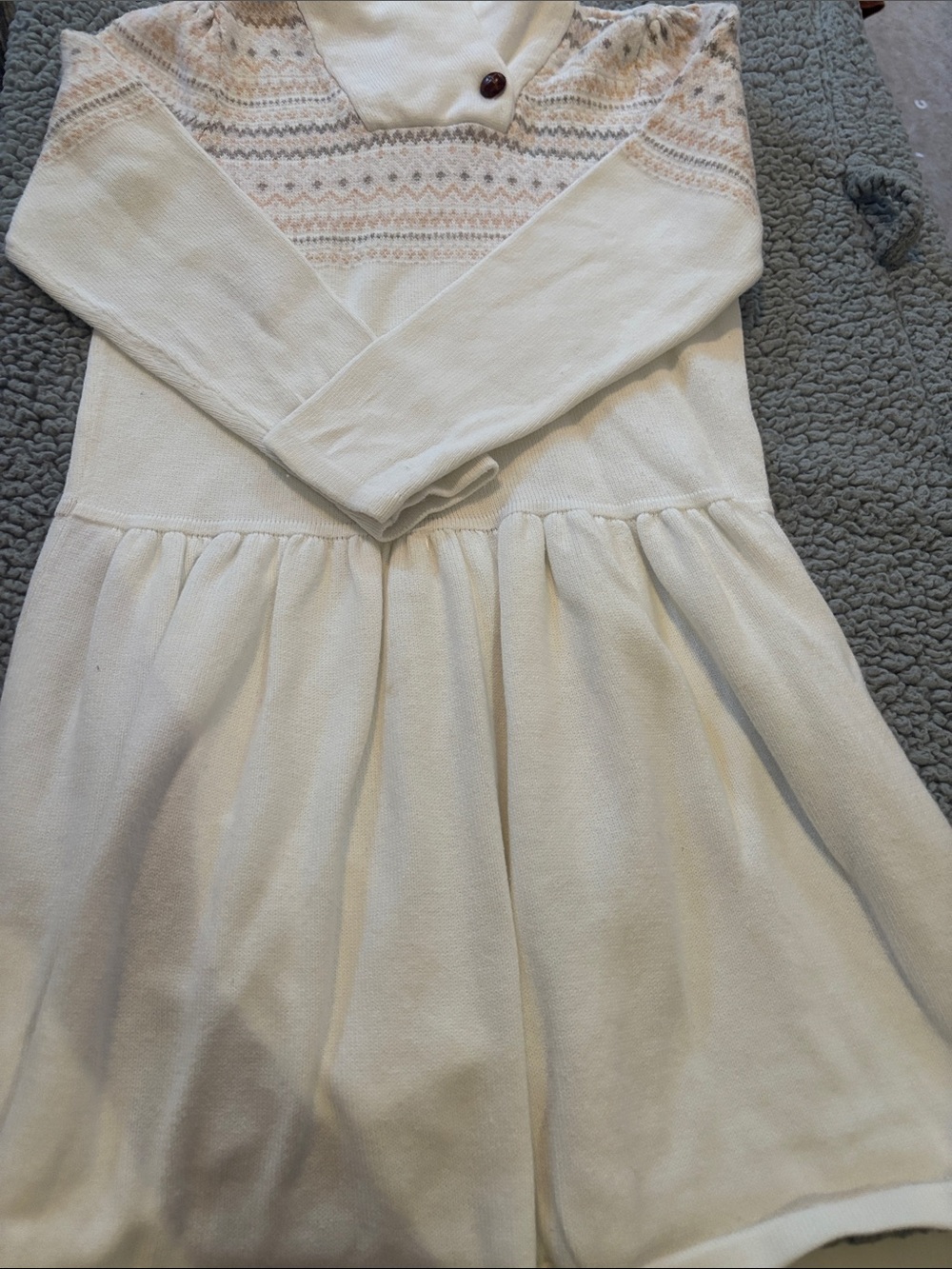 Girls' Cream Knit Long-Sleeve Dress with Fair Isle Yoke